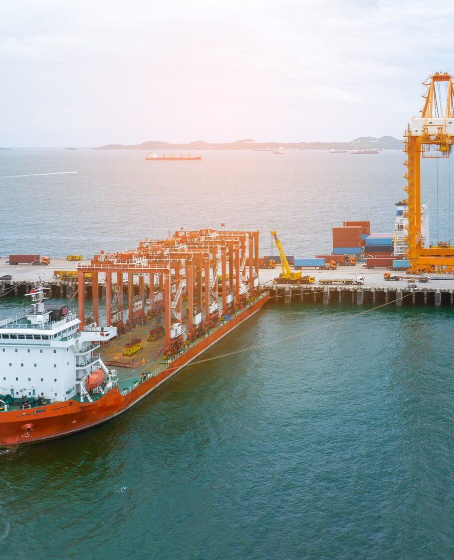 Big Construction Crane on barge ship. container crane on Barge Ship